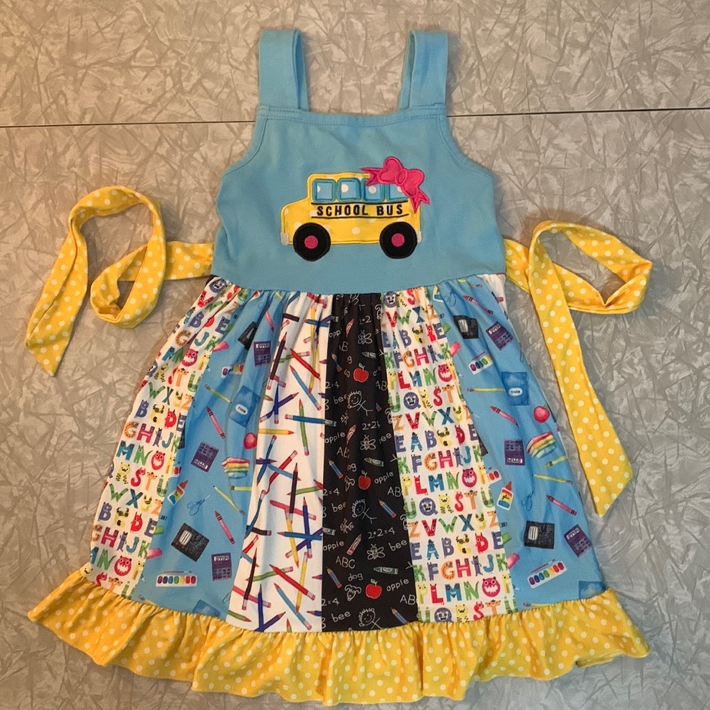 Girls Back to School Dress with School Bus Appliqué, Size 5
